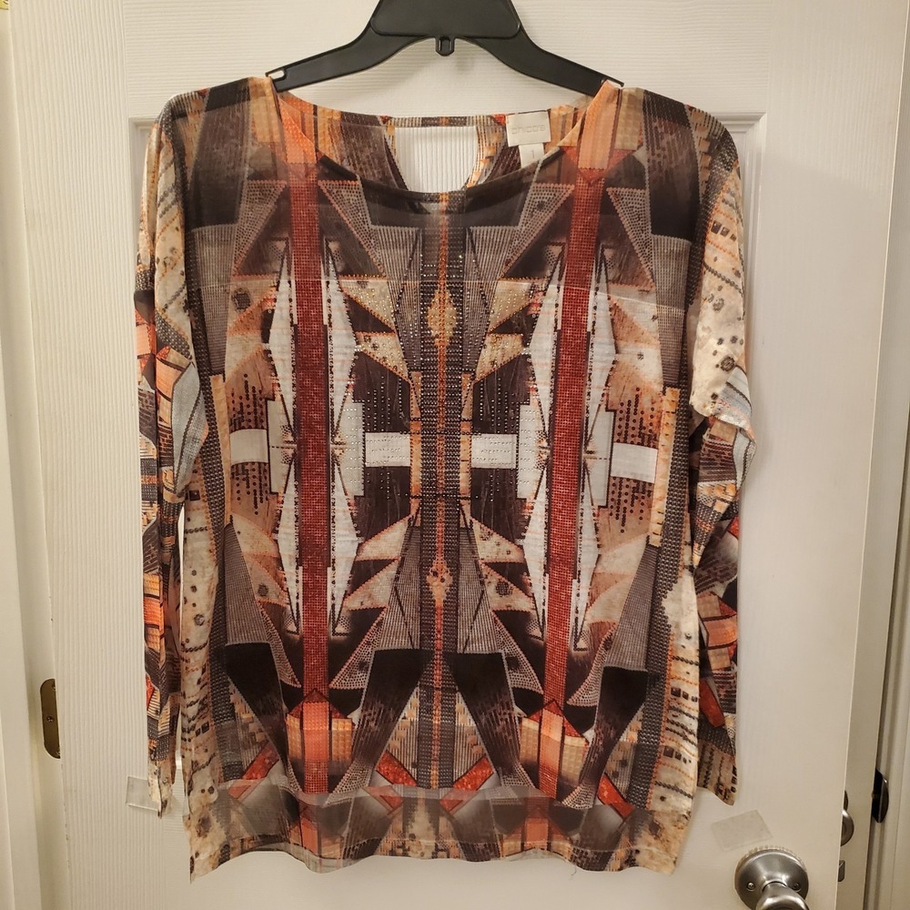 Chicos 1 Tunic Med long slv geometric embellished sheer‎ travel artsy fall boho